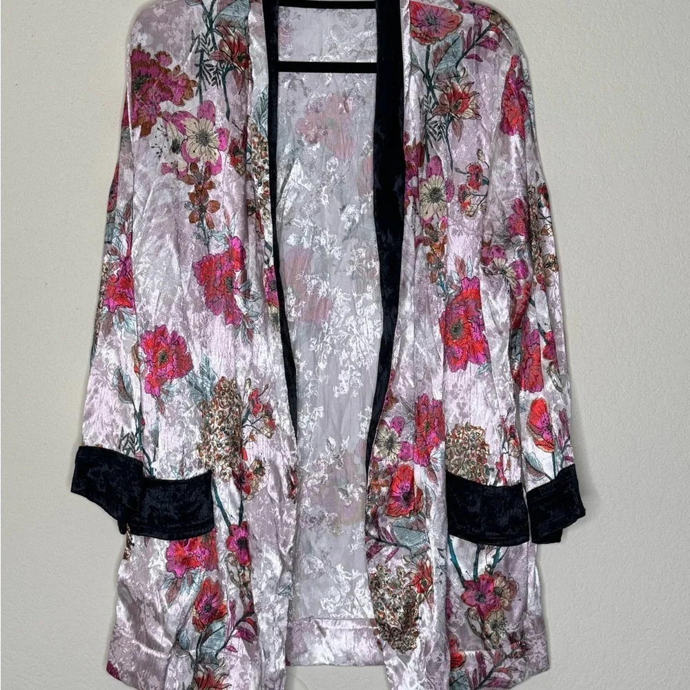 Free People Anthropologie Floral Garden Satin Kimono Top